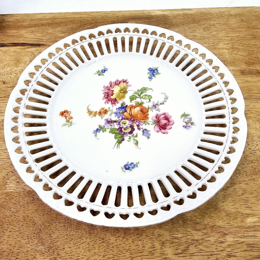 Vintage Porcelain Reticulated Floral Plate with Heart Border, Made in Germany